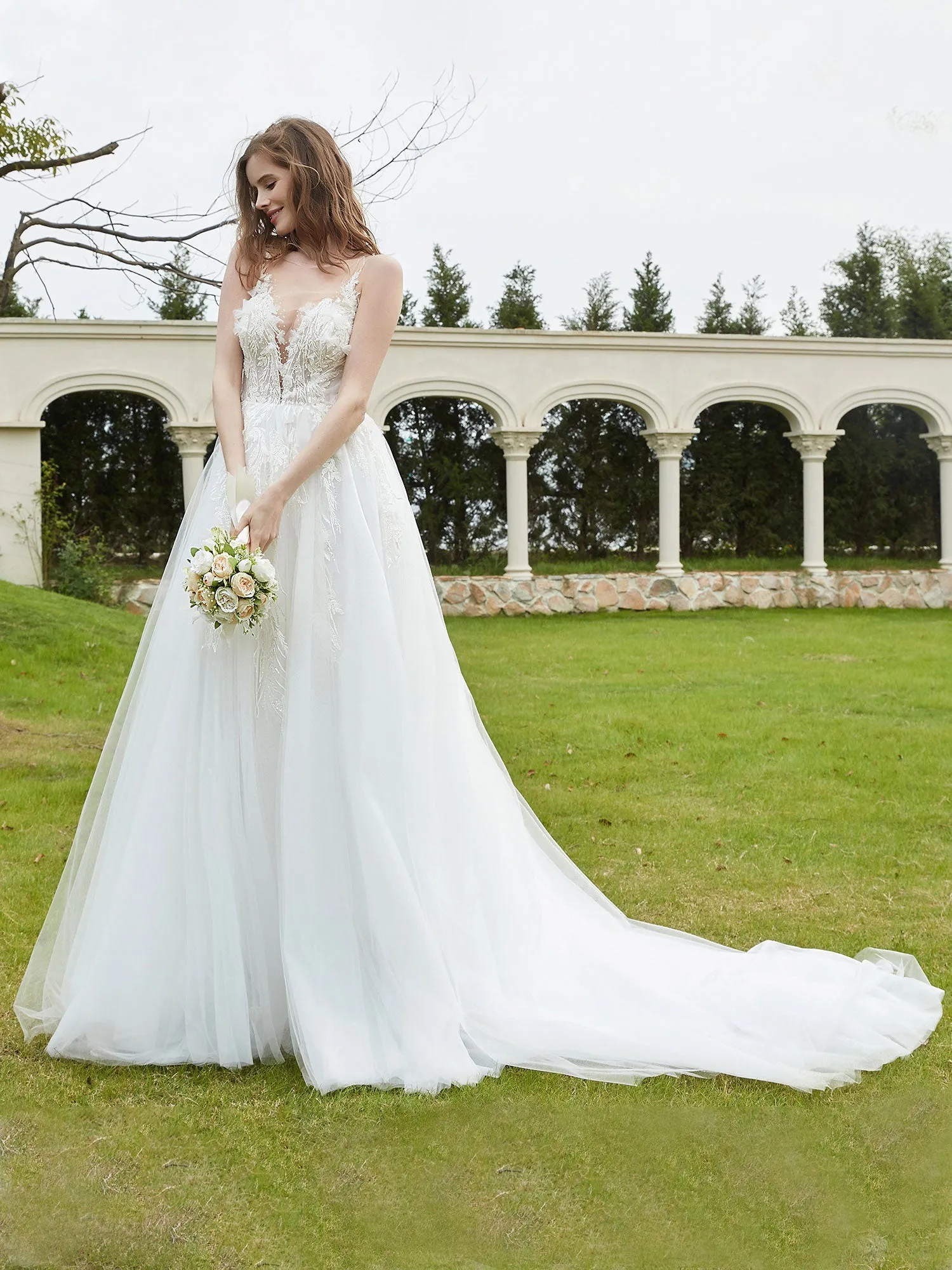 Illusion Plunging V-Neck Lace Bodice Wedding Dress-Champagne