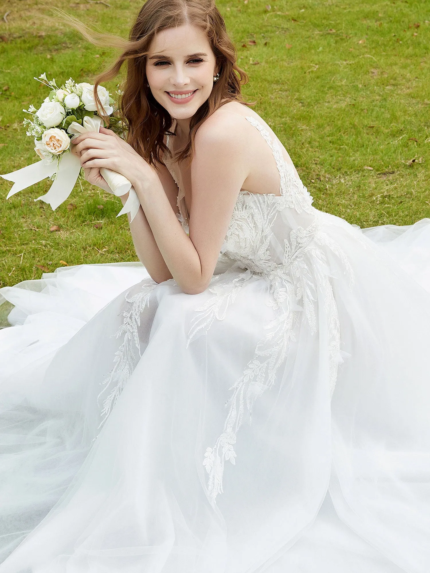 Illusion Plunging V-Neck Lace Bodice Wedding Dress-Champagne