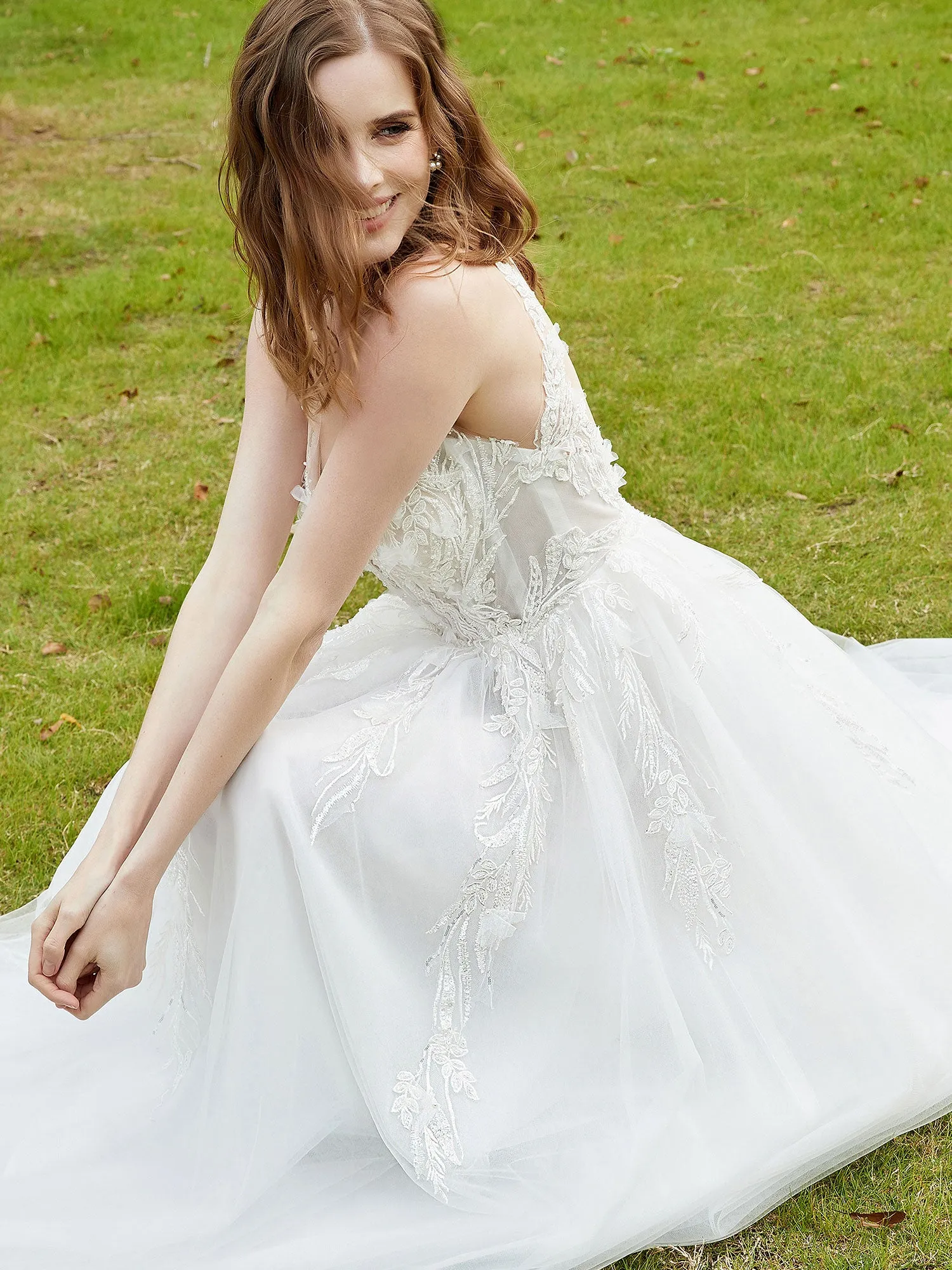 Illusion Plunging V-Neck Lace Bodice Wedding Dress-Champagne
