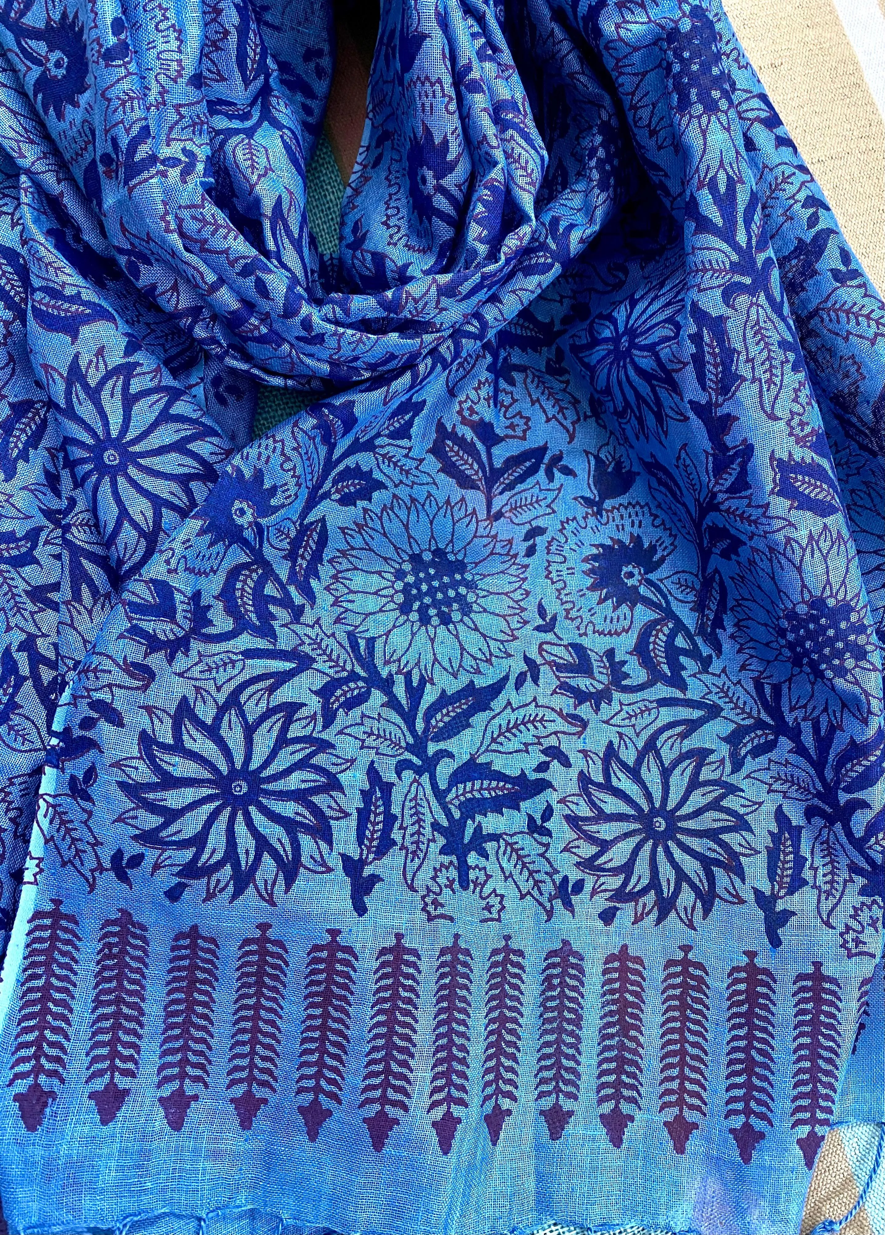 Indigo Elegance Block Printed Pure Linen Scarf
