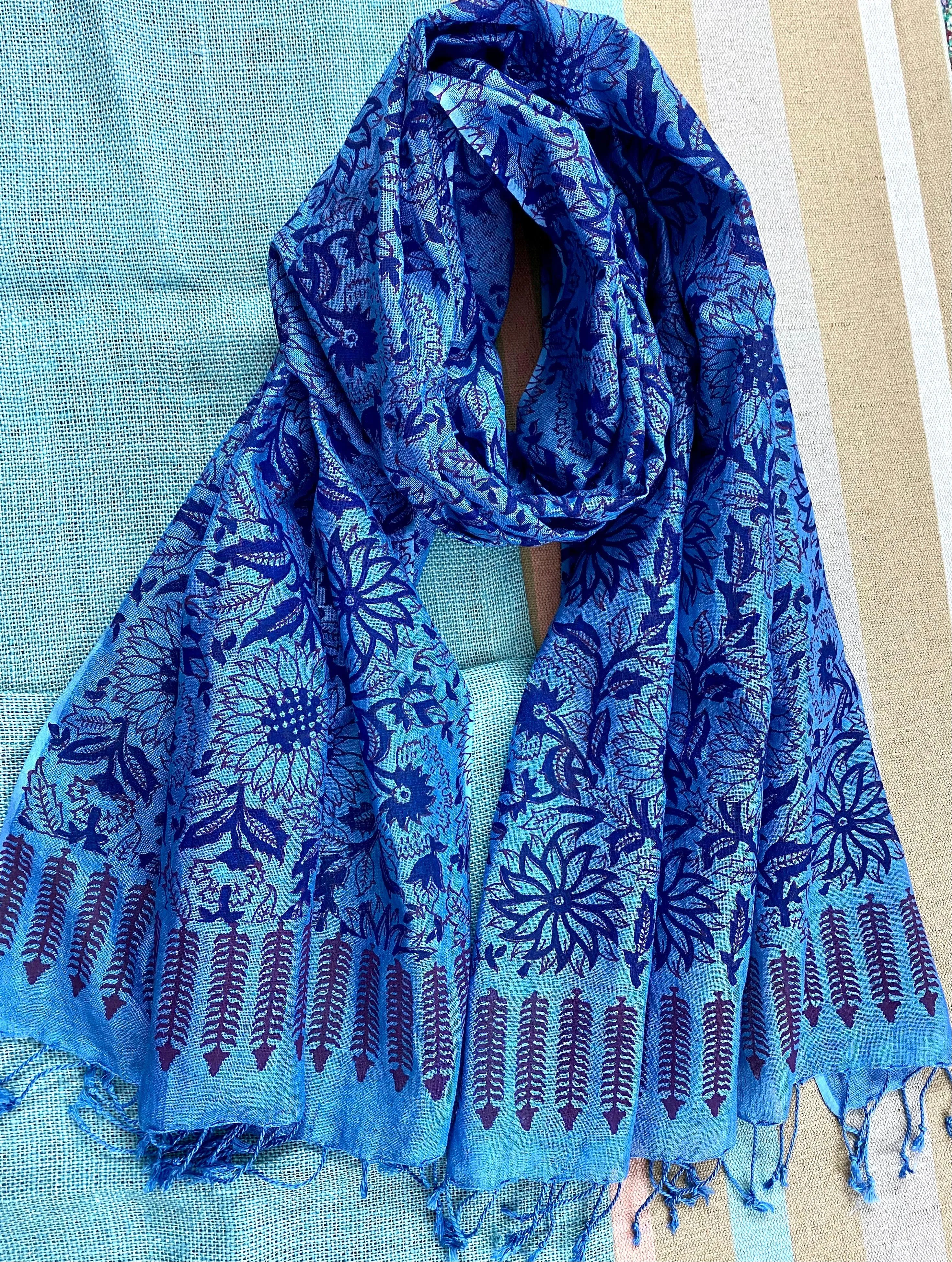 Indigo Elegance Block Printed Pure Linen Scarf