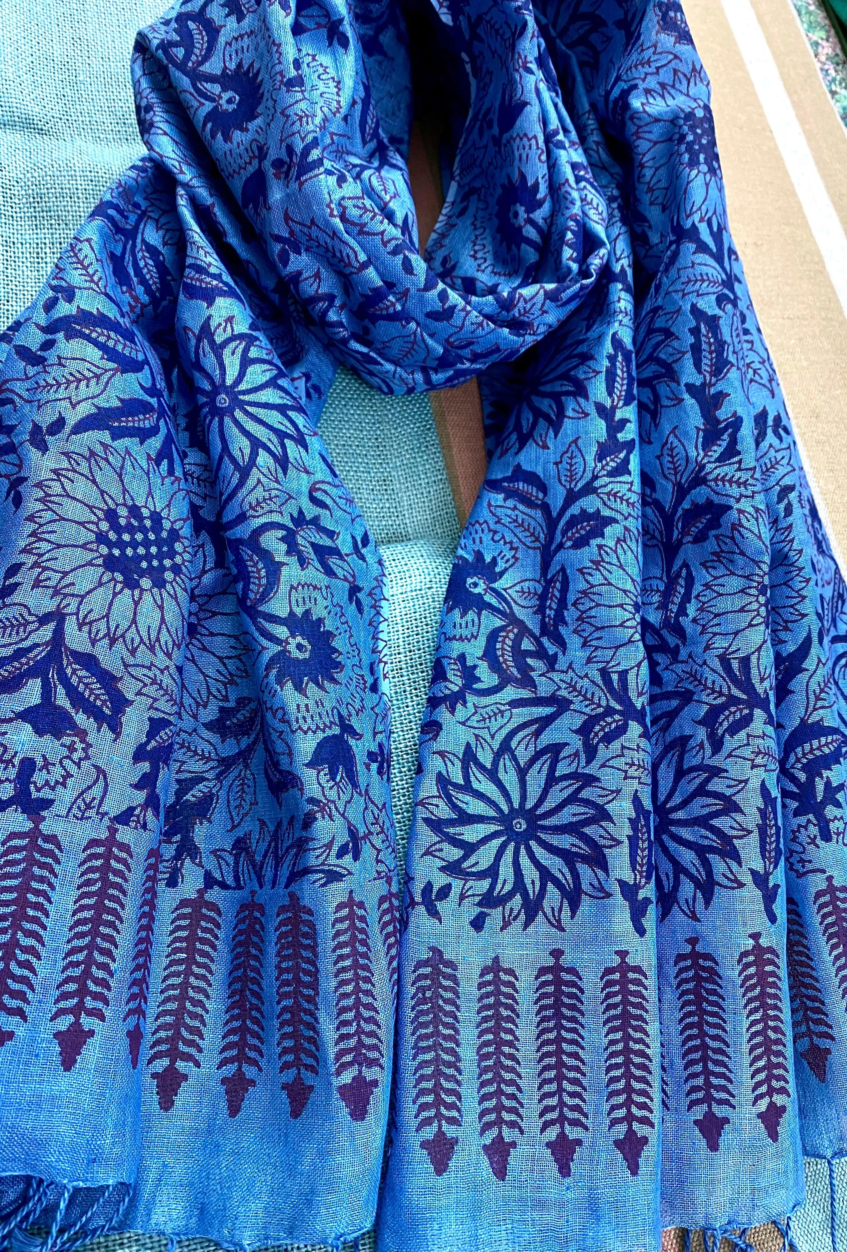 Indigo Elegance Block Printed Pure Linen Scarf