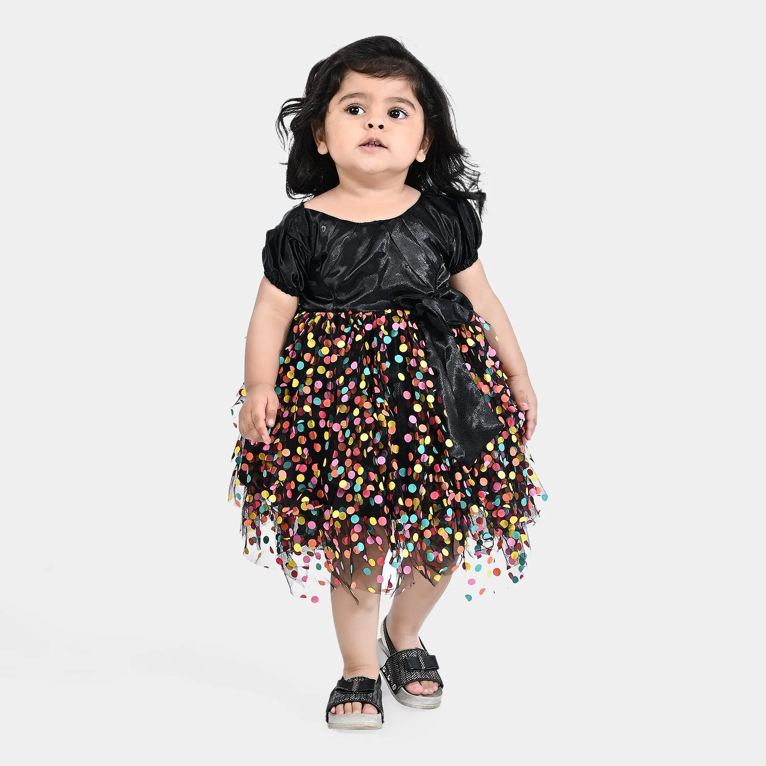 Infant Girls Net Fancy Frock Multi Riffle-Multi