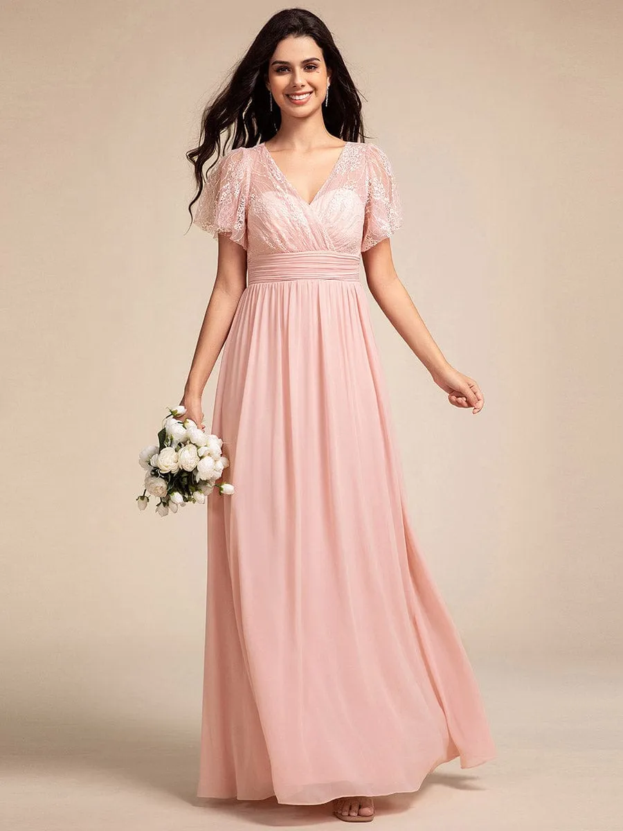 Lace Pleated Chiffon A-line Dress with Backless Detail In Pink