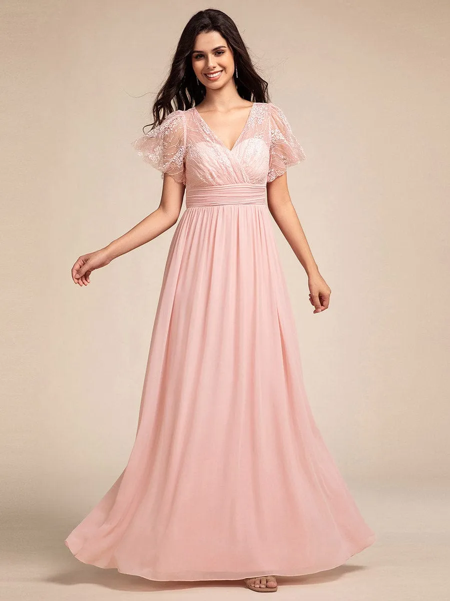 Lace Pleated Chiffon A-line Dress with Backless Detail In Pink