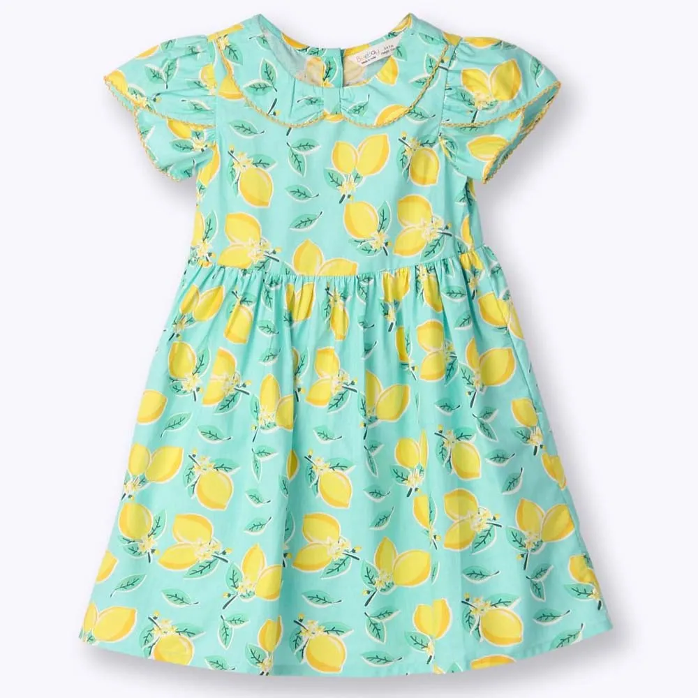 Lemon Printed Tulip Sleeves Cotton Dress