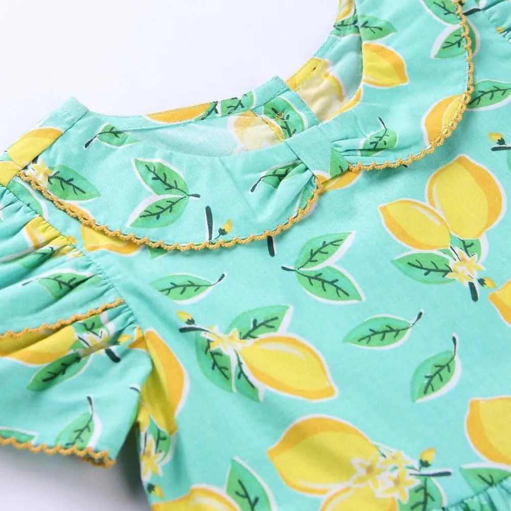 Lemon Printed Tulip Sleeves Cotton Dress