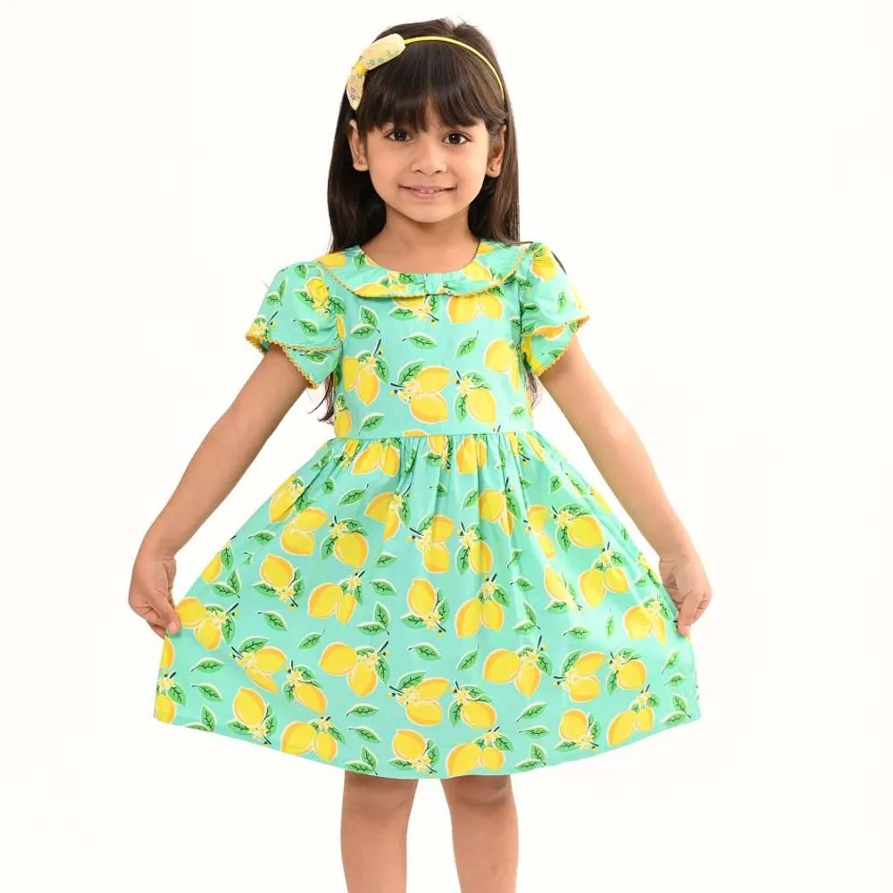 Lemon Printed Tulip Sleeves Cotton Dress