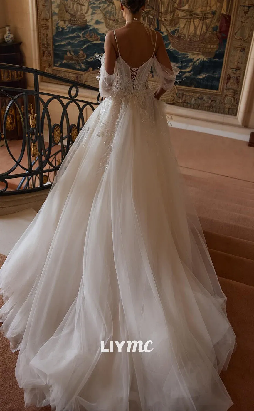 LW950 - Off-Shoulder Spaghetti Straps Appliques Tulle A-Line High Slit Beach Wedding Dress