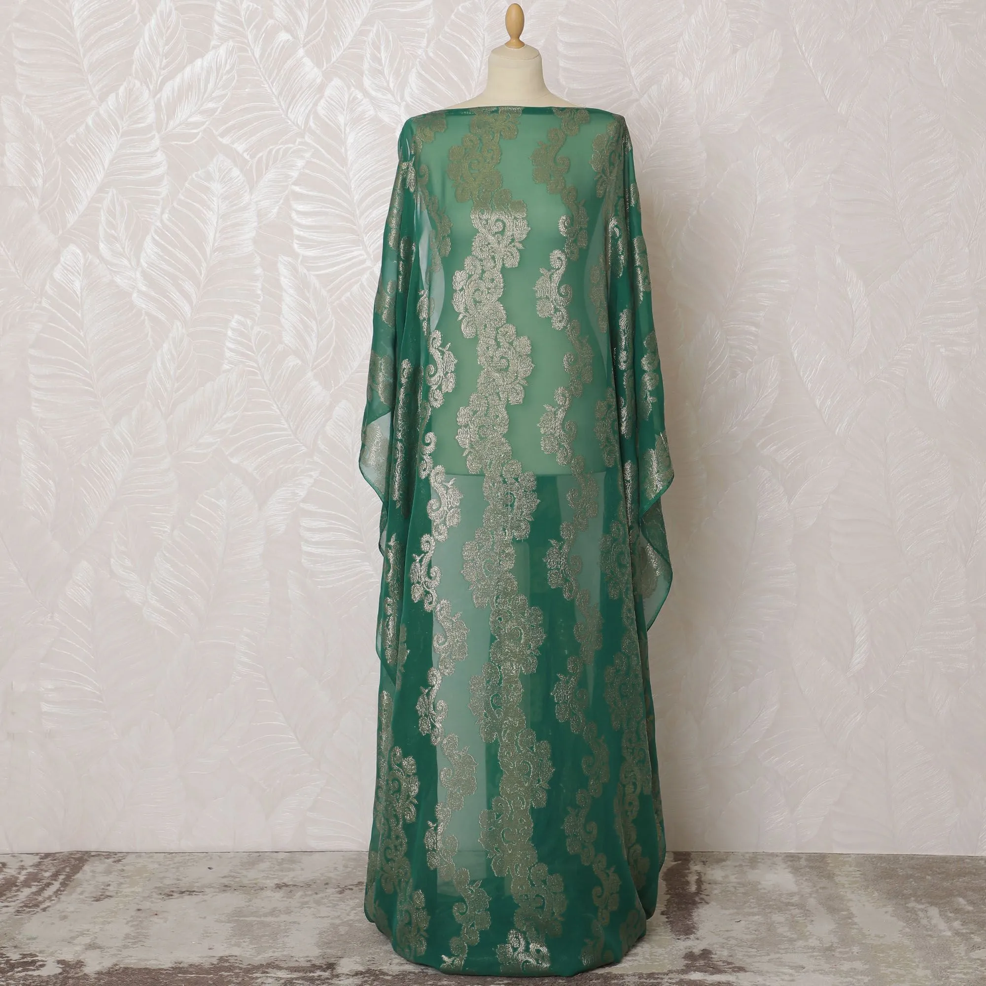 Majestic Jade Pure Silk Chiffon Fransawi Dirac Fabric - Silver Embellishments, 140cm Wide - Buy Online in 3.5 Mtr Piece-D18348