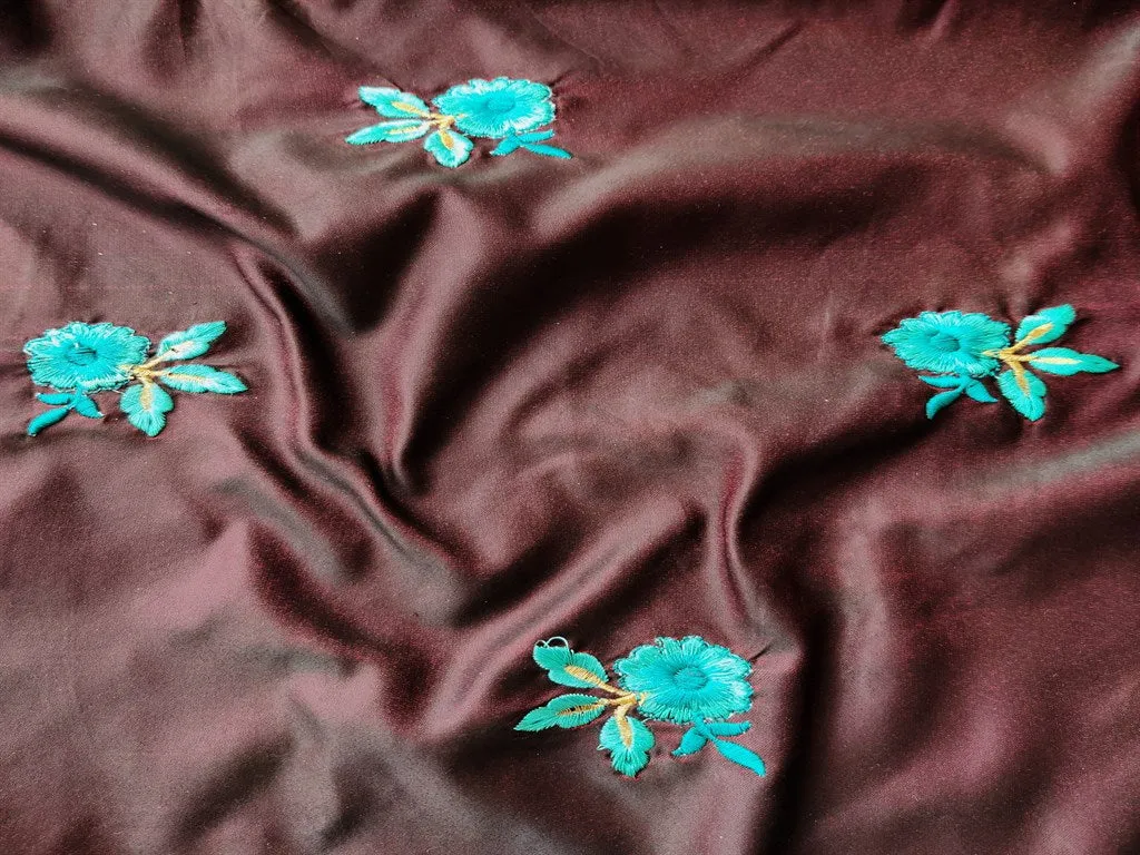 Maroon Floral Embroidered Soft Taffeta Silk Fabric