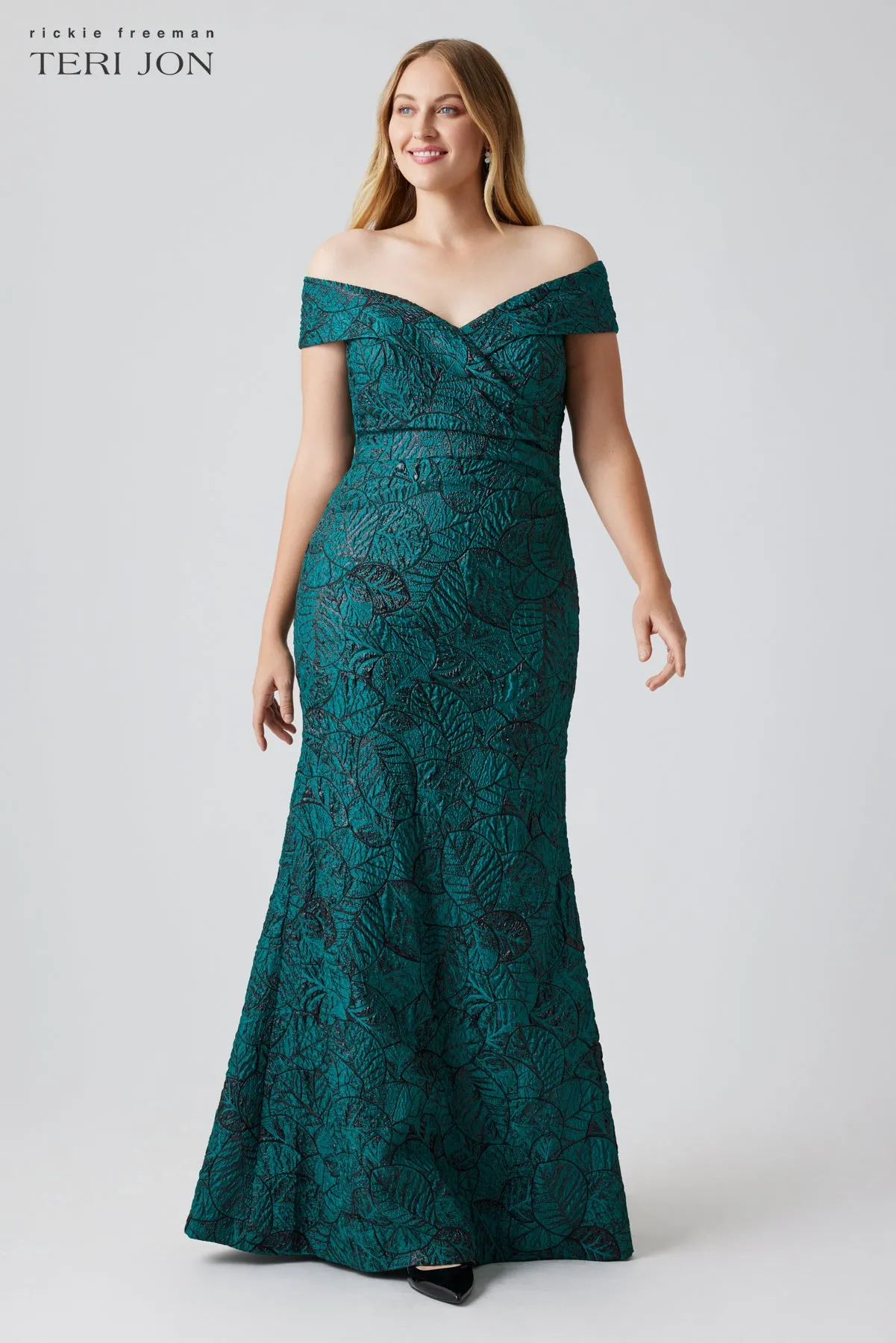 Metallic Jacquard Portrait Collar Side Drape Gown
