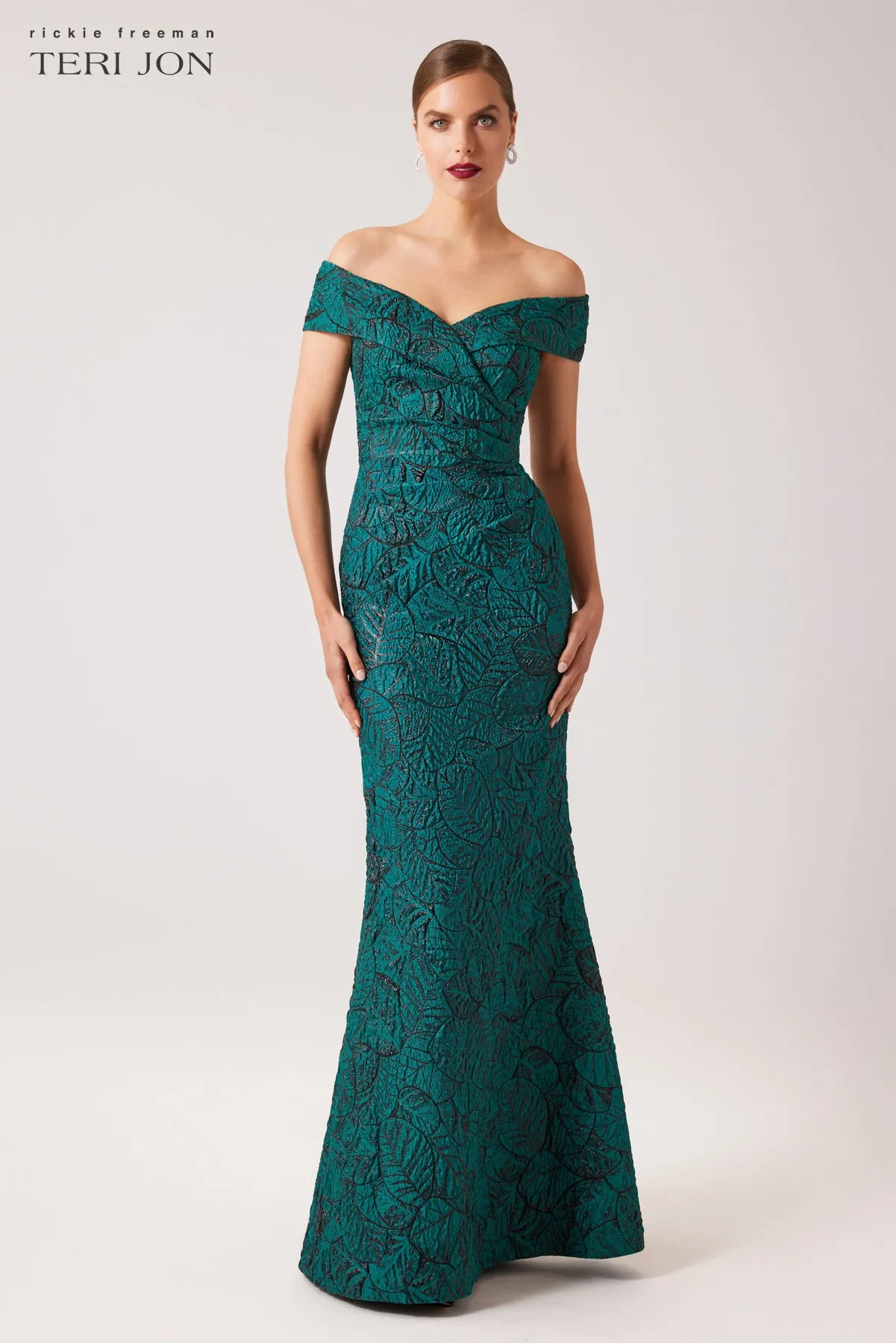 Metallic Jacquard Portrait Collar Side Drape Gown