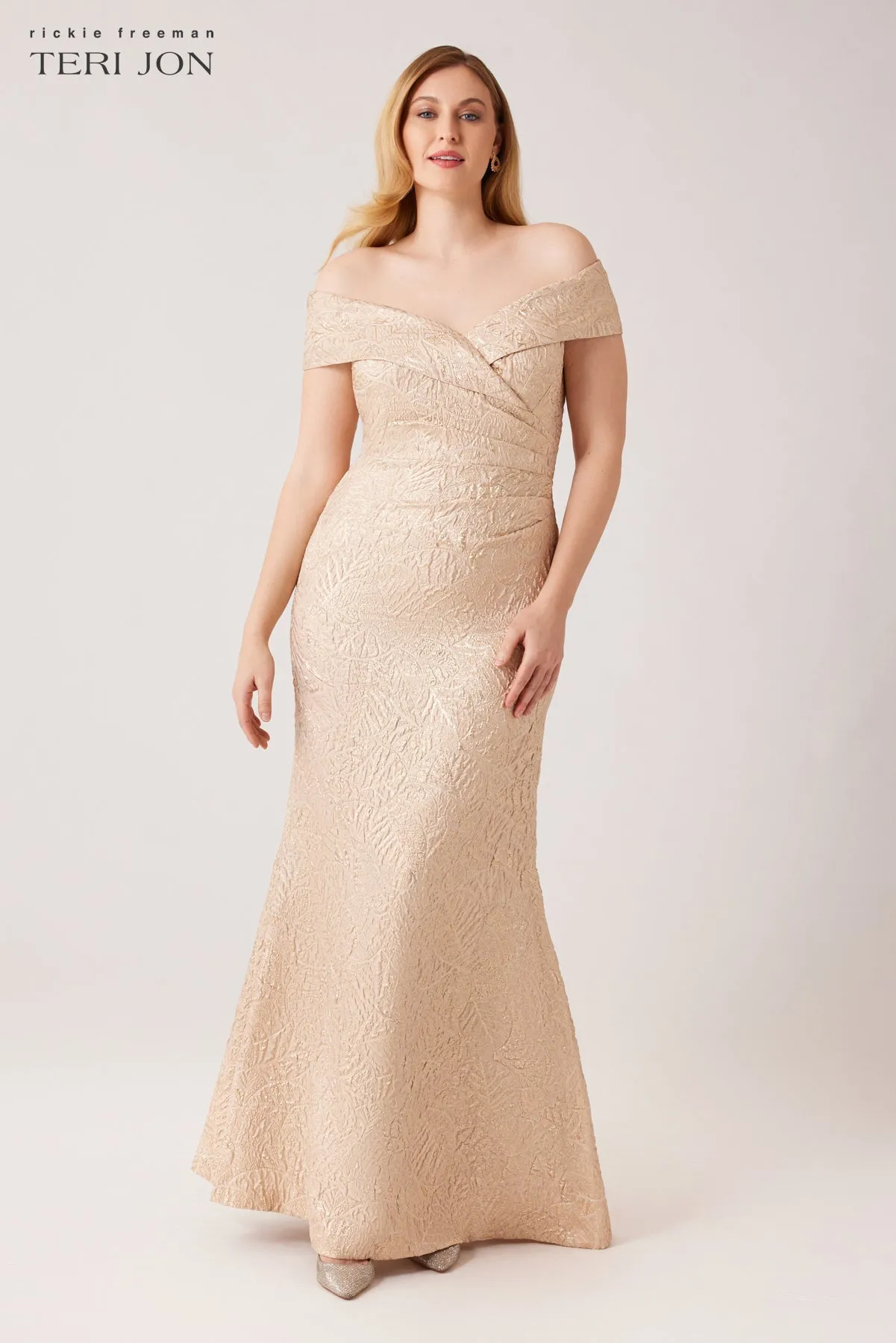 Metallic Jacquard Portrait Collar Side Drape Gown