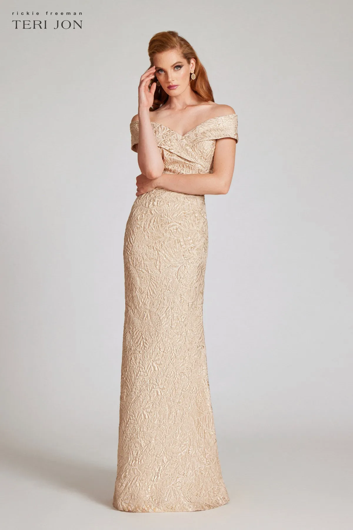Metallic Jacquard Portrait Collar Side Drape Gown