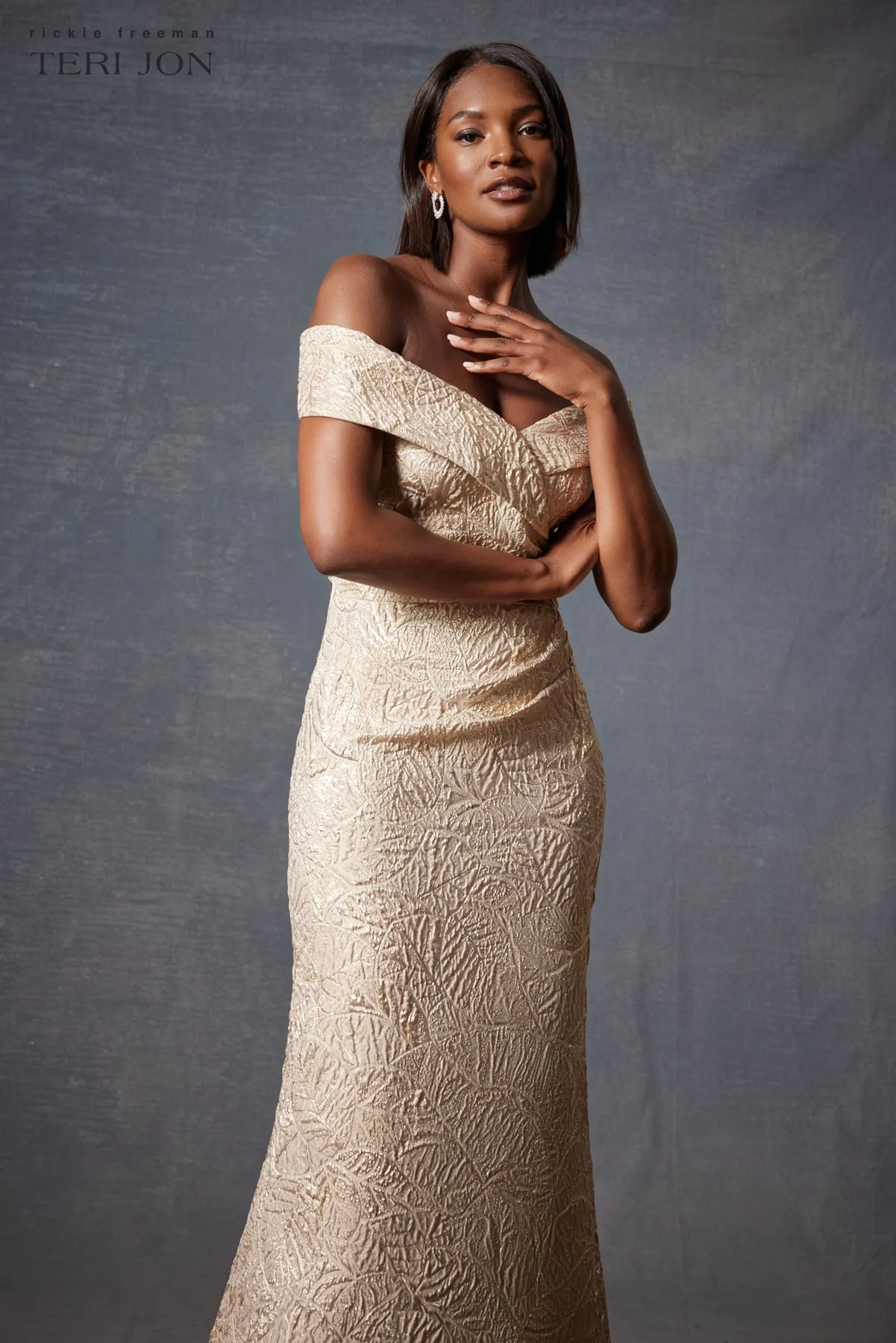 Metallic Jacquard Portrait Collar Side Drape Gown