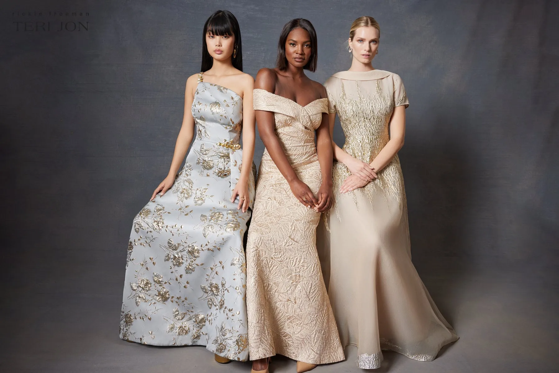 Metallic Jacquard Portrait Collar Side Drape Gown