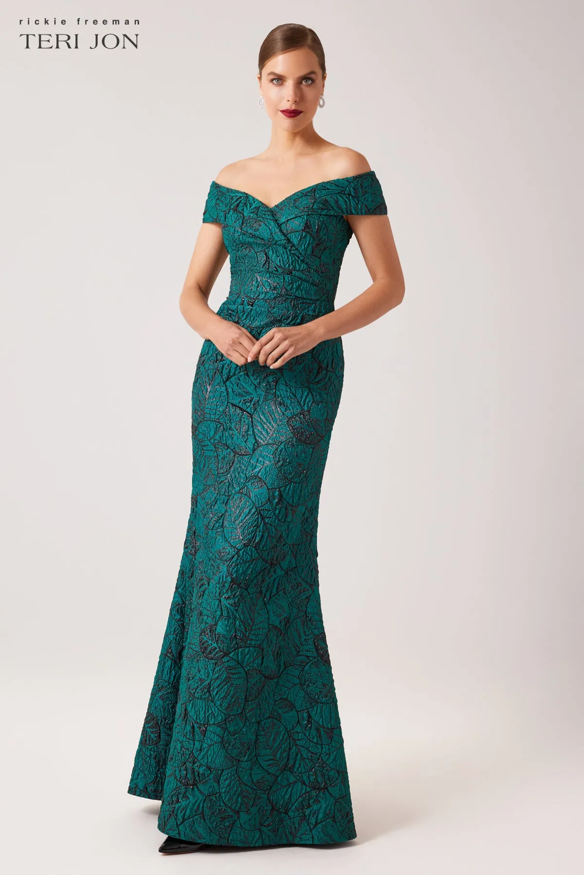 Metallic Jacquard Portrait Collar Side Drape Gown