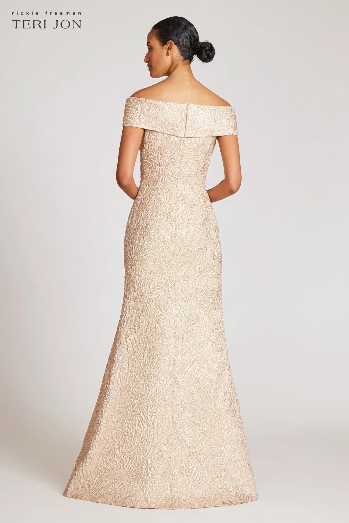 Metallic Jacquard Portrait Collar Side Drape Gown