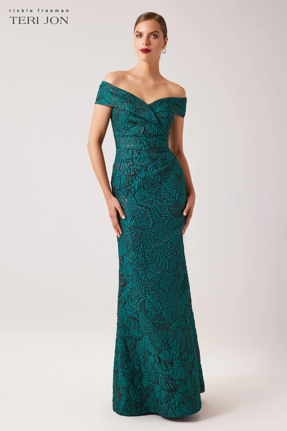 Metallic Jacquard Portrait Collar Side Drape Gown