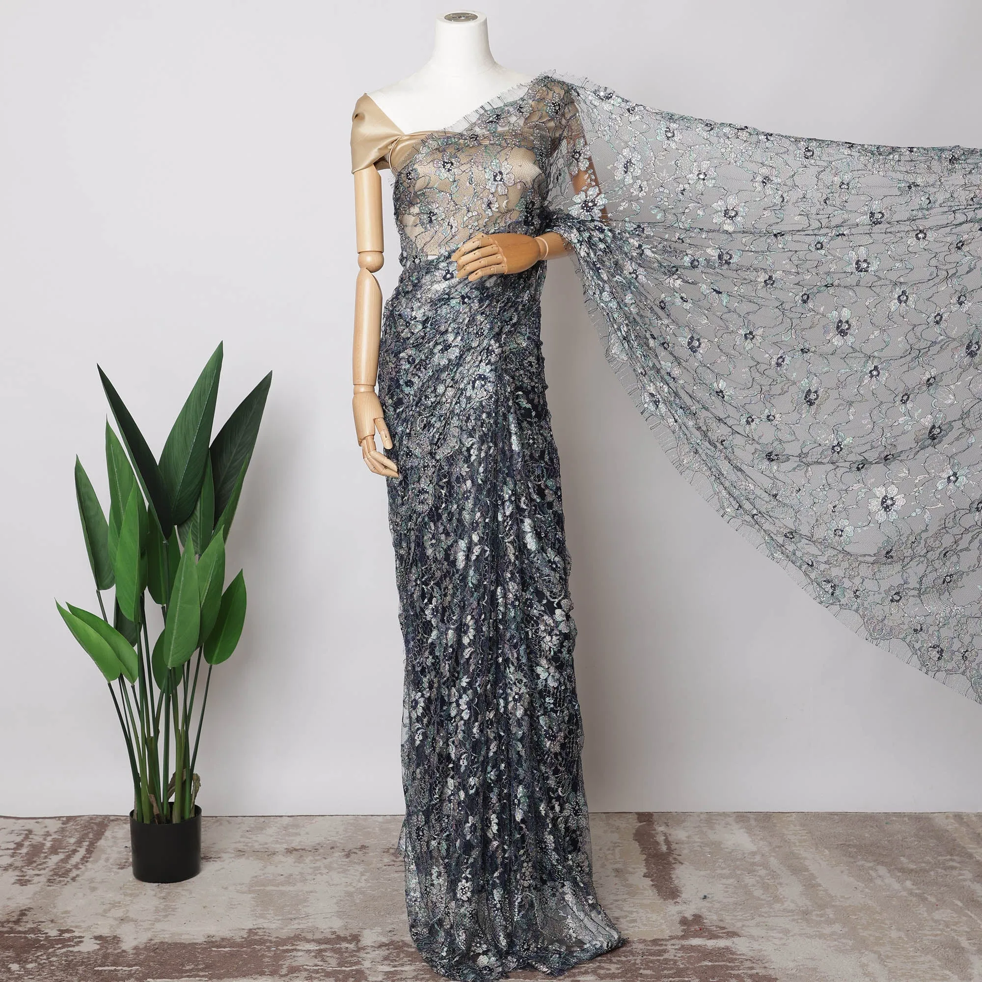 Multitone French Chantilly Lace Fabric with Stone Work, 5.5 Meters-110 Cms-D21032