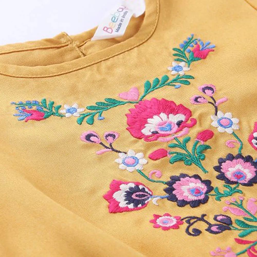 Mustard Floral Embroidered Viscose Dress