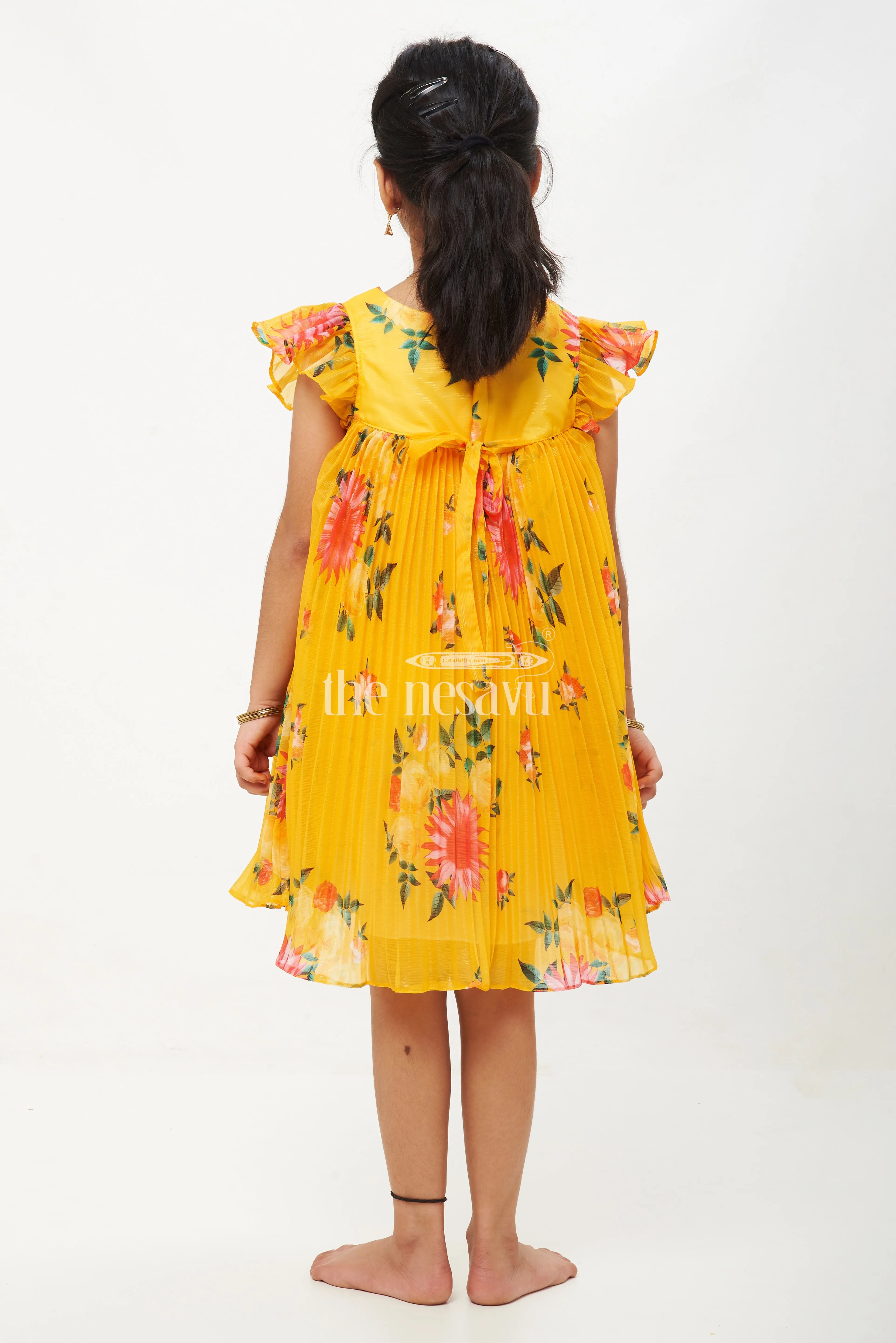 Mustard Yellow Georgette Floral Pleated Frock for Girls