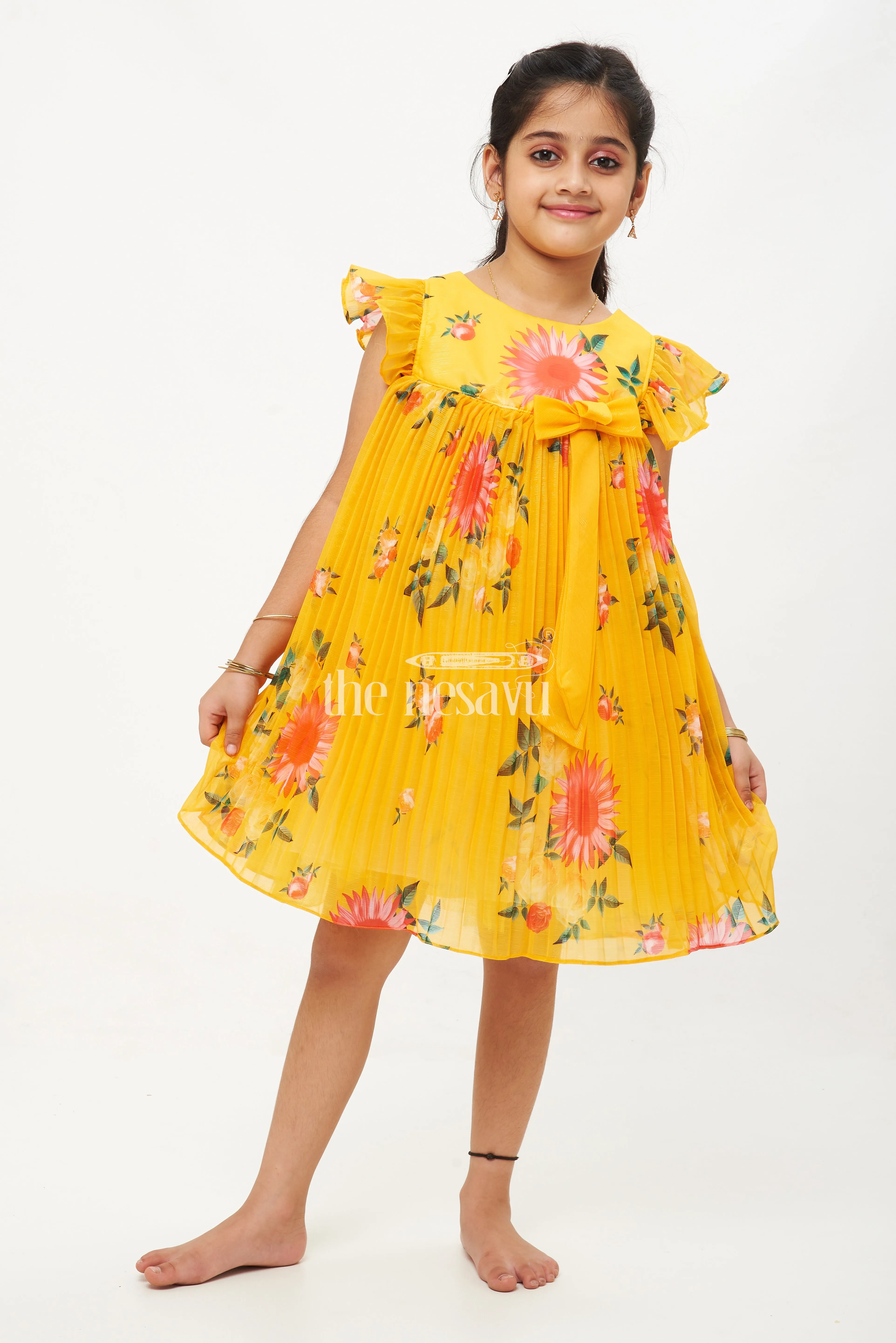 Mustard Yellow Georgette Floral Pleated Frock for Girls