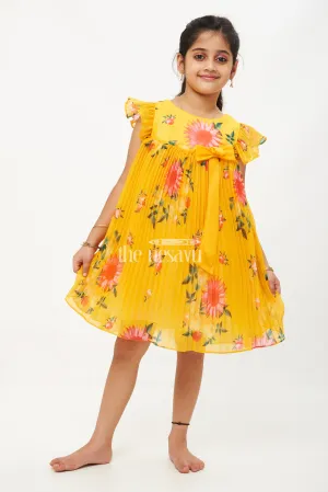 Mustard Yellow Georgette Floral Pleated Frock for Girls