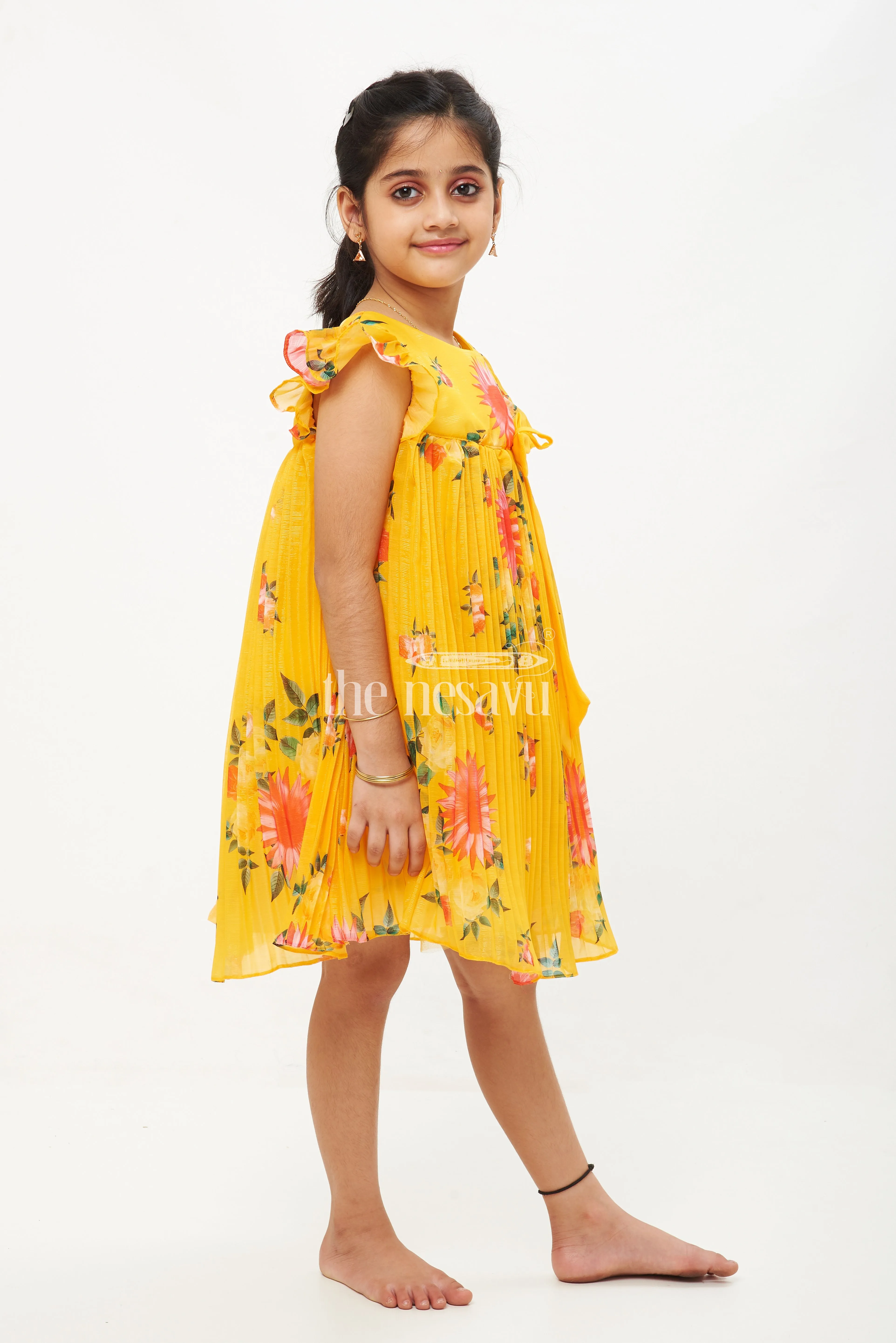 Mustard Yellow Georgette Floral Pleated Frock for Girls