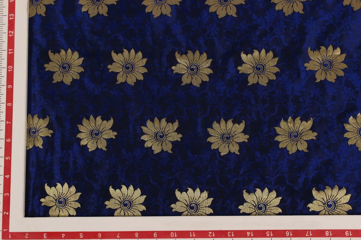 Navy Blue Golden Flowers Silk Brocade Fabric