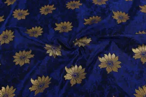 Navy Blue Golden Flowers Silk Brocade Fabric