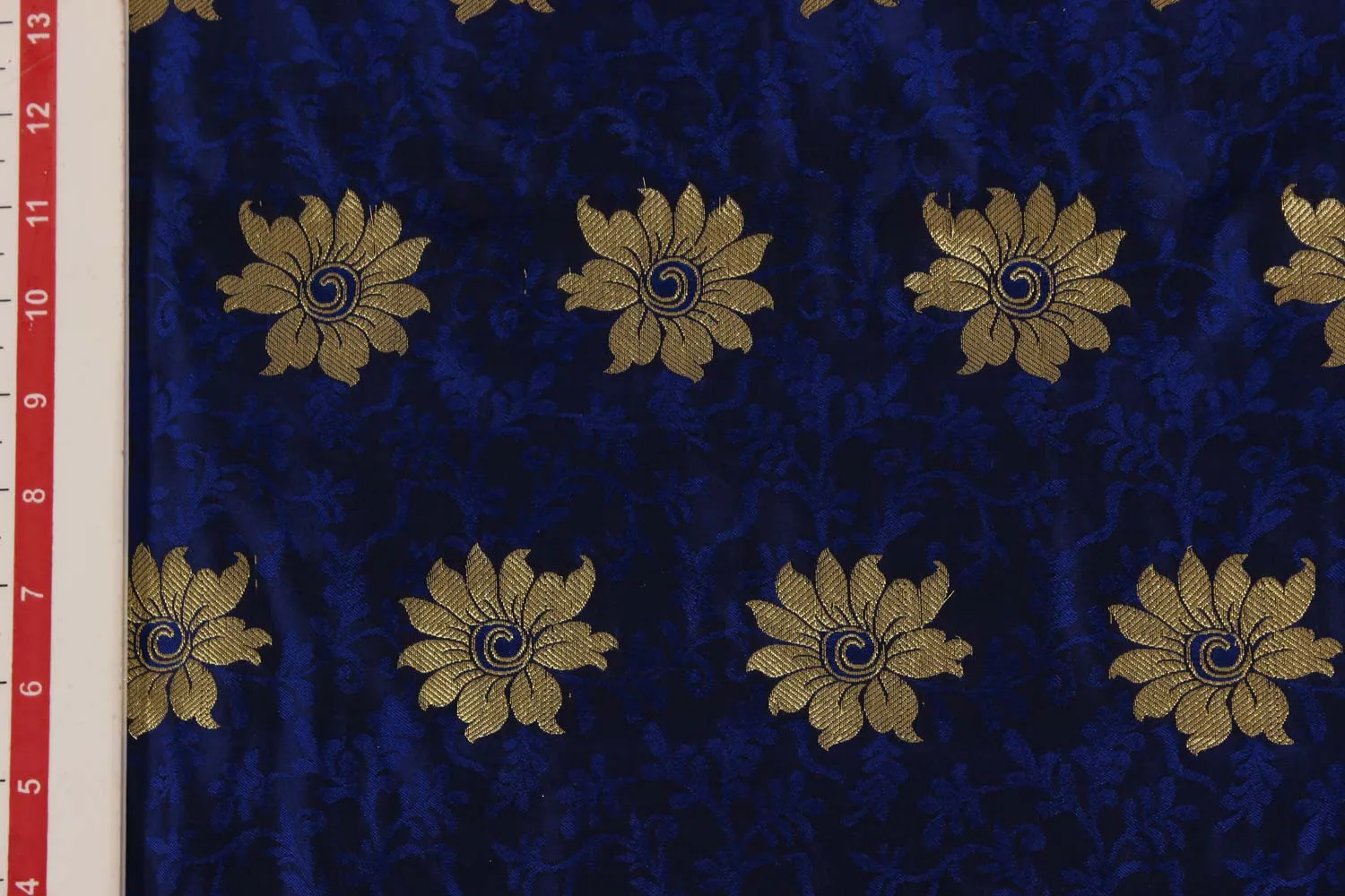 Navy Blue Golden Flowers Silk Brocade Fabric