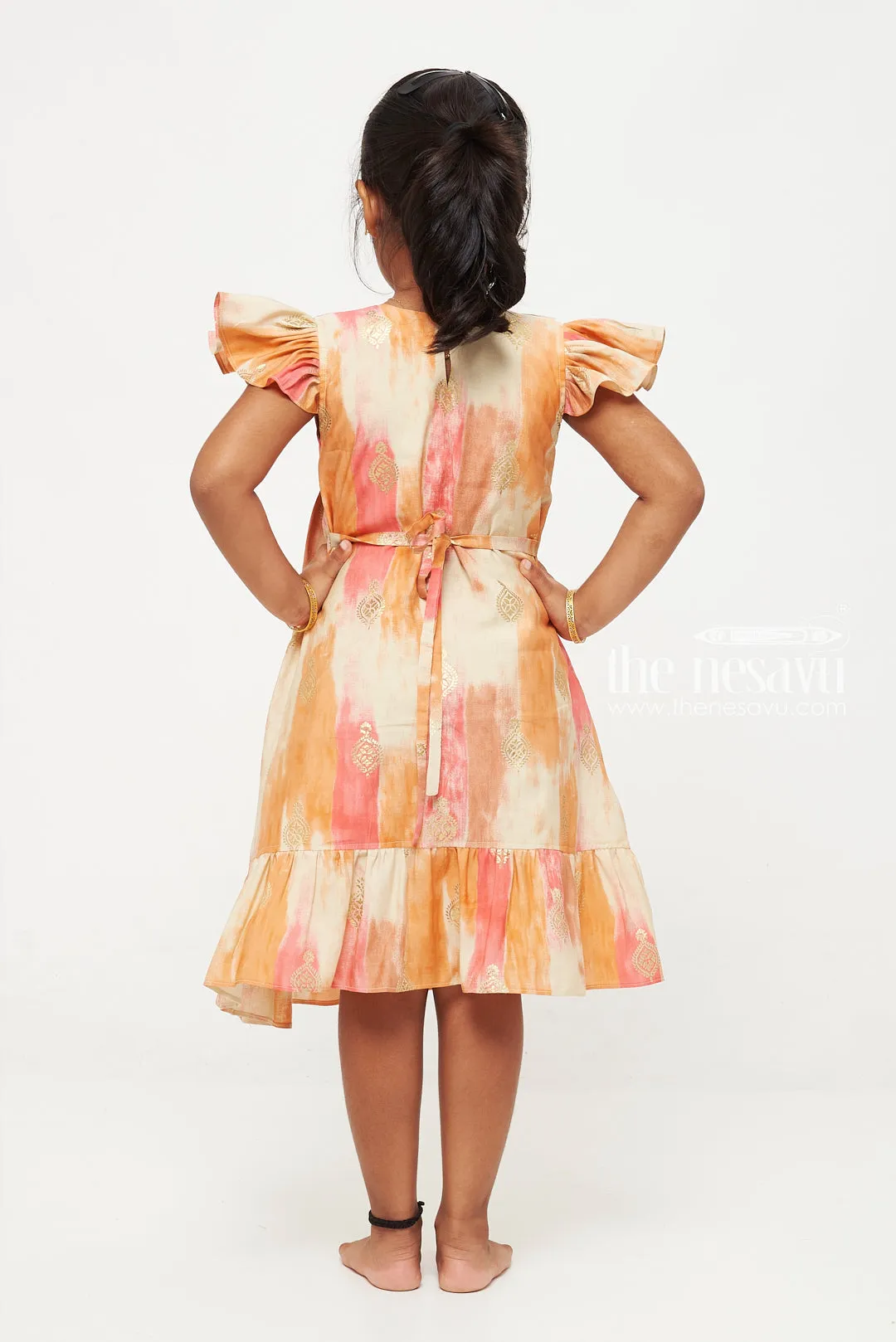 Orange and Multicolor Designer Printed Chanderi Pleated Frock for Girls