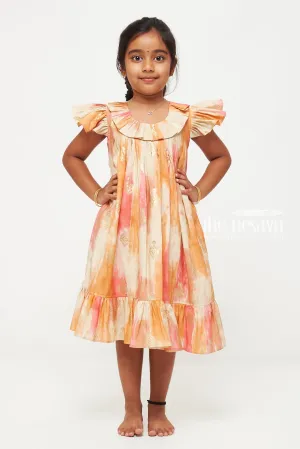 Orange and Multicolor Designer Printed Chanderi Pleated Frock for Girls