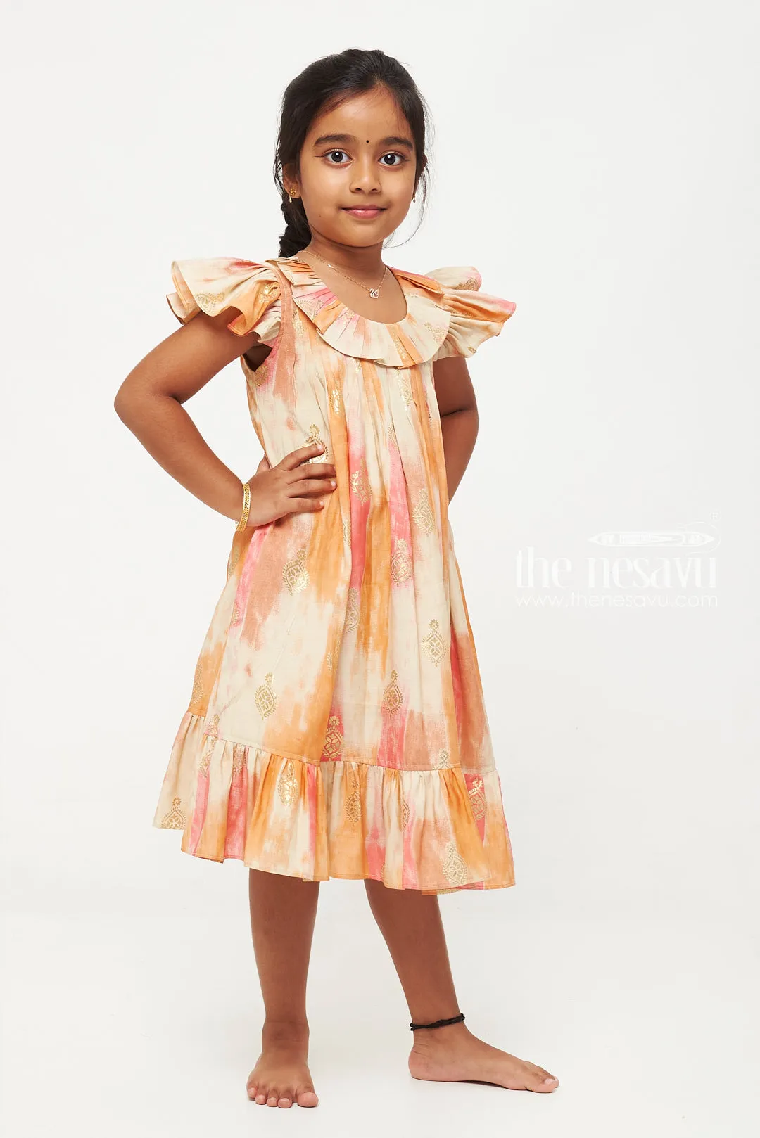 Orange and Multicolor Designer Printed Chanderi Pleated Frock for Girls