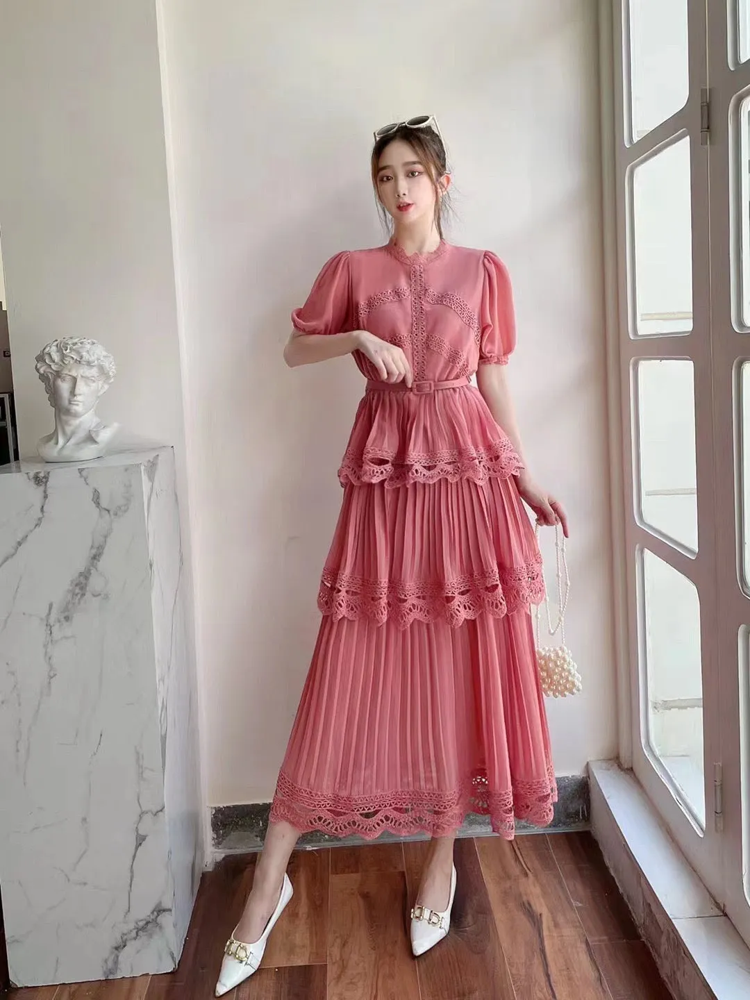Pankh Yareli Short Sleeve Lace Trim Tiered Maxi Dress