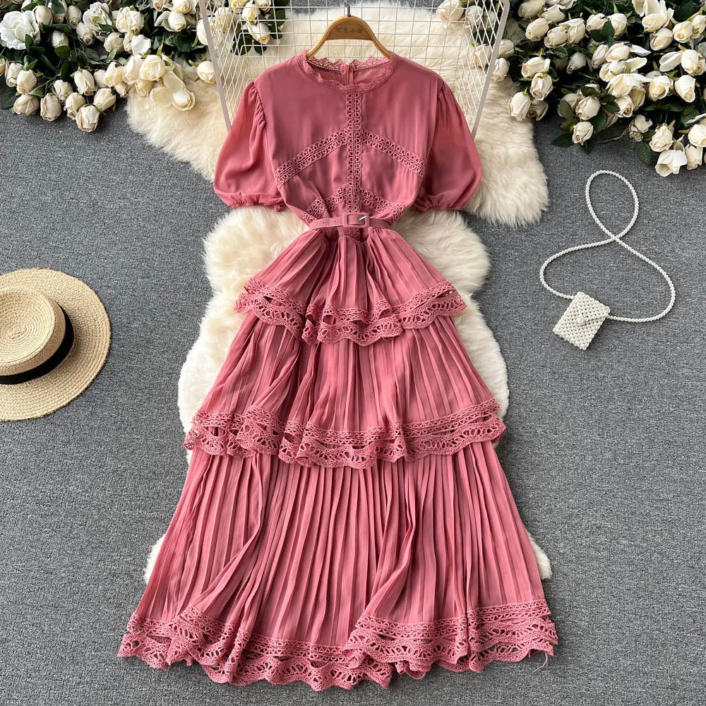 Pankh Yareli Short Sleeve Lace Trim Tiered Maxi Dress