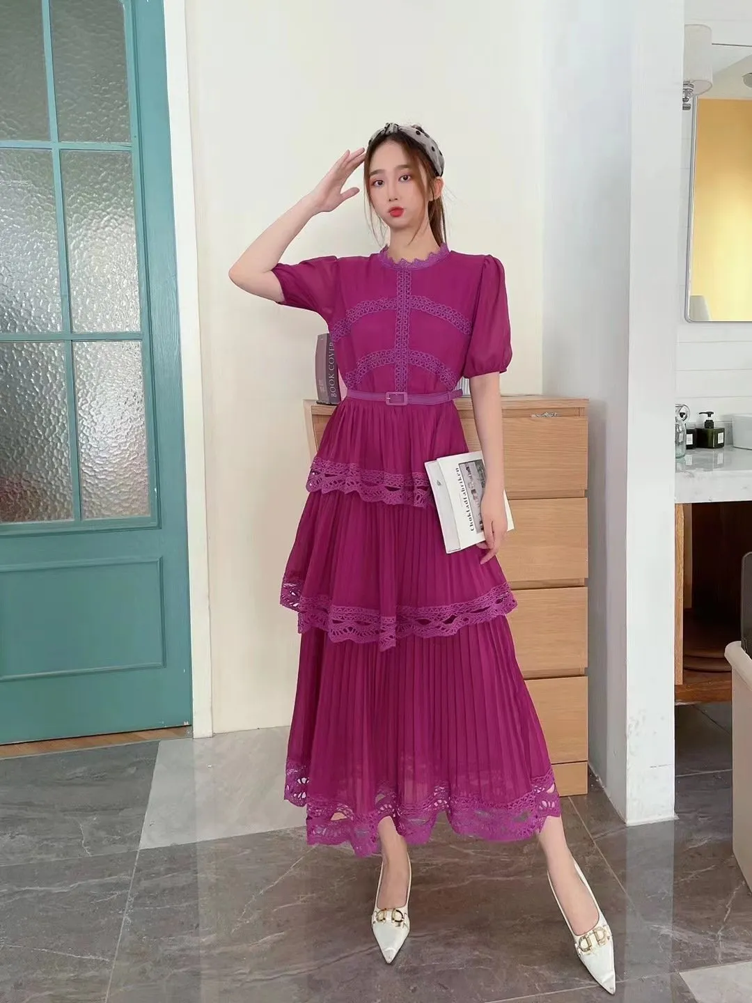 Pankh Yareli Short Sleeve Lace Trim Tiered Maxi Dress