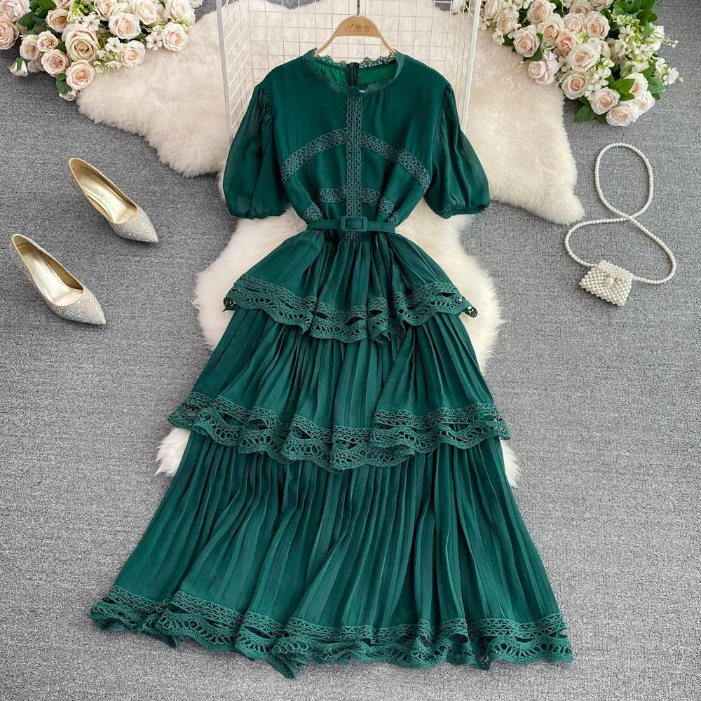 Pankh Yareli Short Sleeve Lace Trim Tiered Maxi Dress