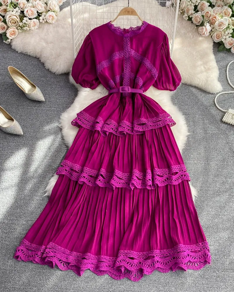 Pankh Yareli Short Sleeve Lace Trim Tiered Maxi Dress