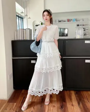 Pankh Yareli Short Sleeve Lace Trim Tiered Maxi Dress