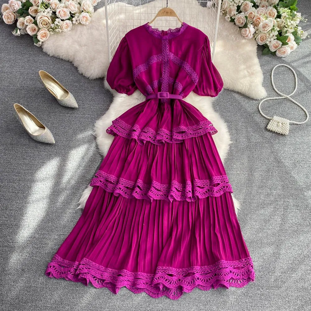 Pankh Yareli Short Sleeve Lace Trim Tiered Maxi Dress