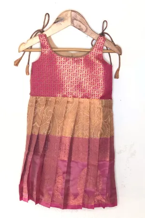 Pink And Gold Union Jacquard Printed Semi-Banaras Tie-Up Frocks For Girls