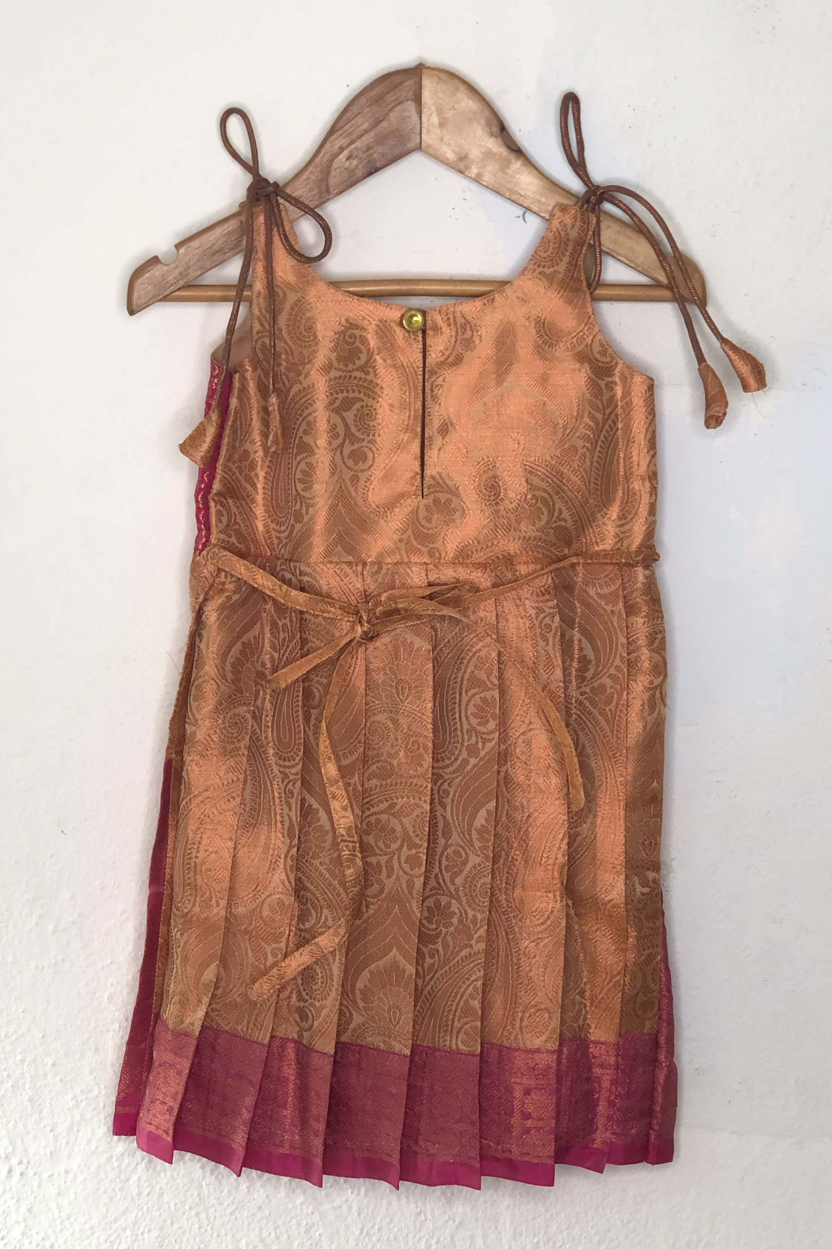 Pink And Gold Union Jacquard Printed Semi-Banaras Tie-Up Frocks For Girls