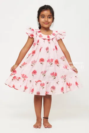 Pink Floral Designer Printed Chanderi Pleated Frock for Girls