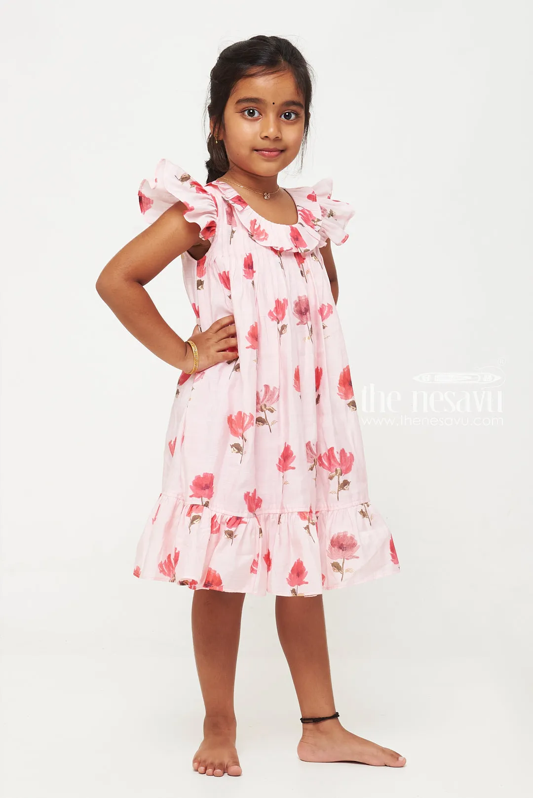 Pink Floral Designer Printed Chanderi Pleated Frock for Girls