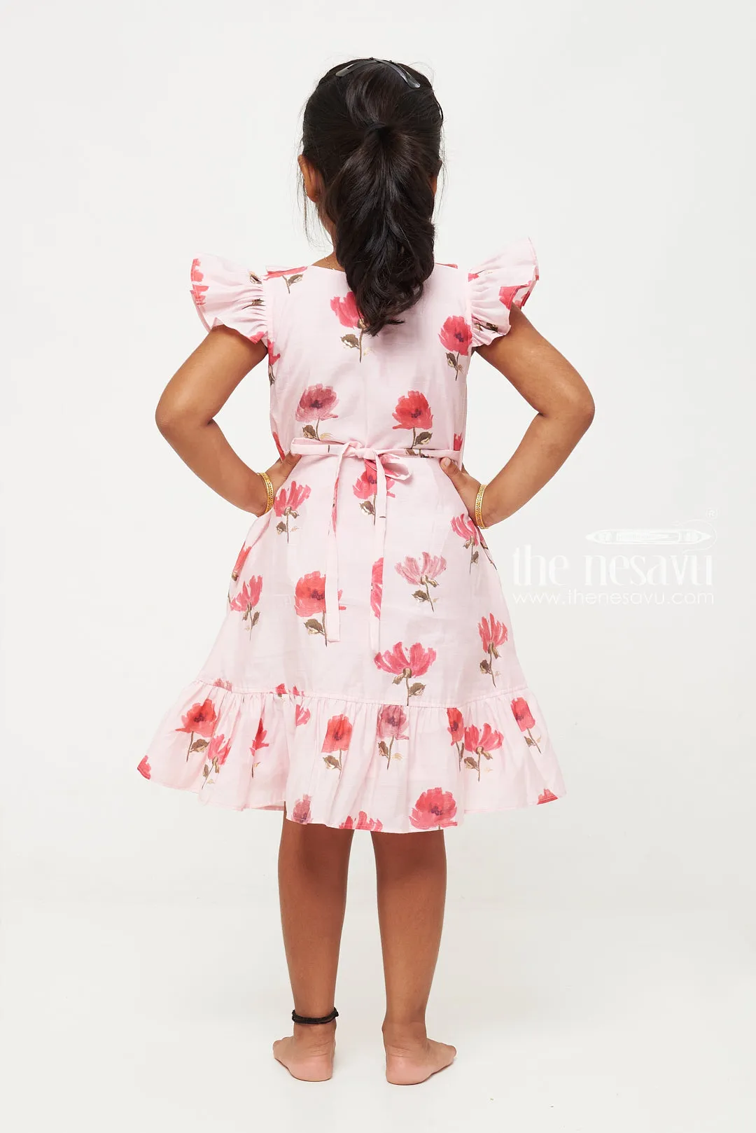 Pink Floral Designer Printed Chanderi Pleated Frock for Girls
