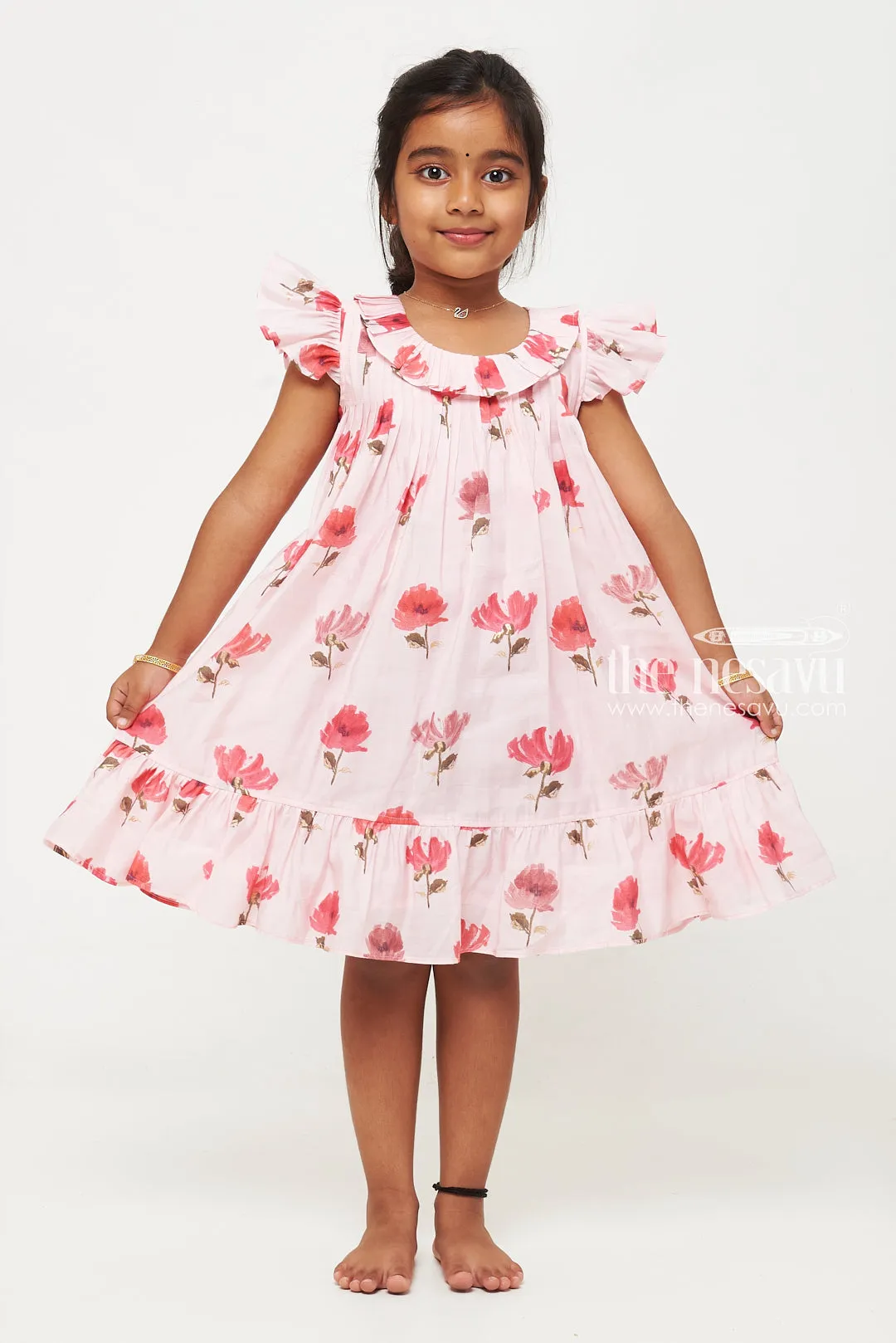 Pink Floral Designer Printed Chanderi Pleated Frock for Girls
