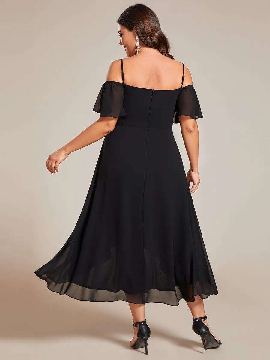 Plus Size Cold Shoulder Sweetheart Necklin Chiffon Midi Wedding Guest Dress